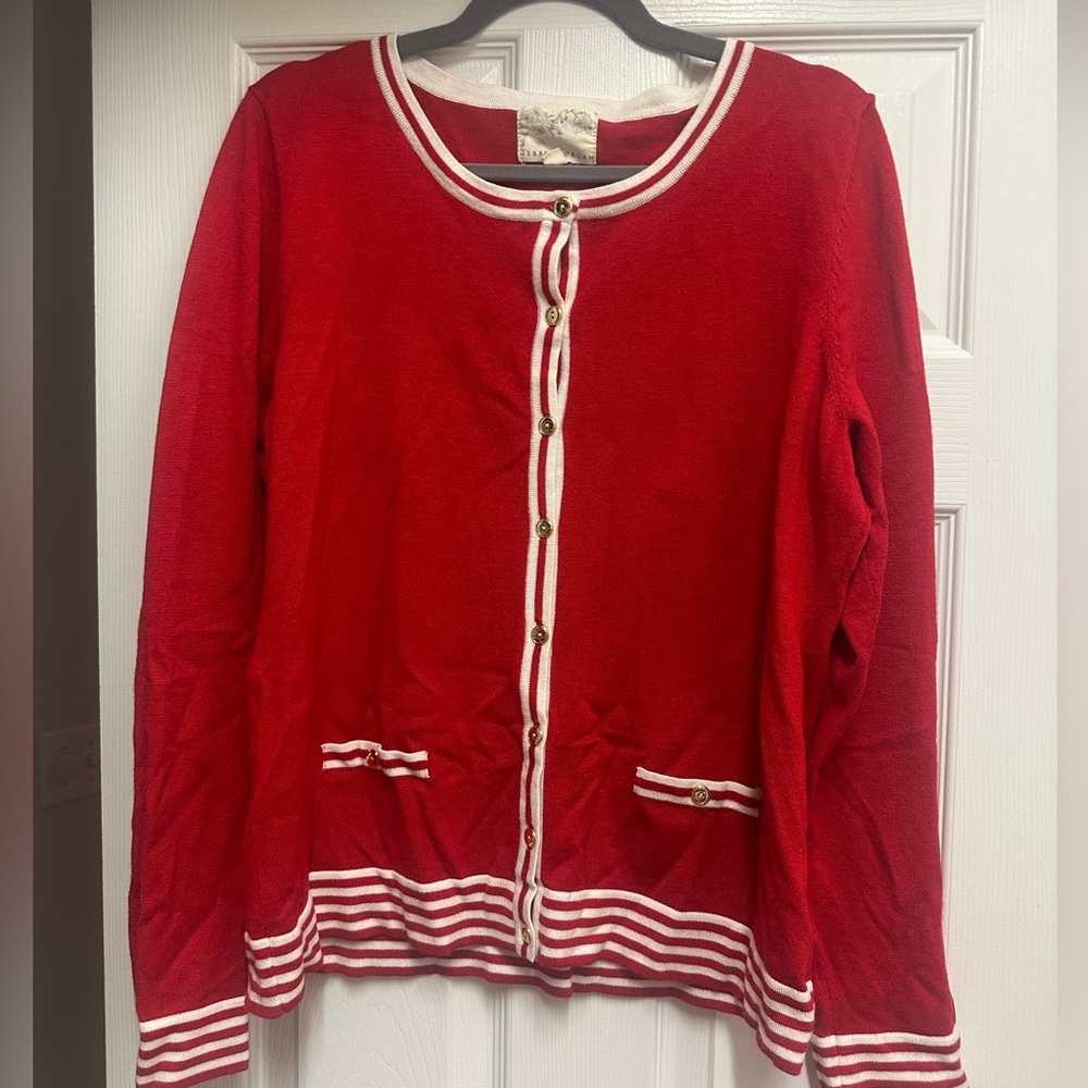 Debbie Morgan Red Cardigan with White Accents